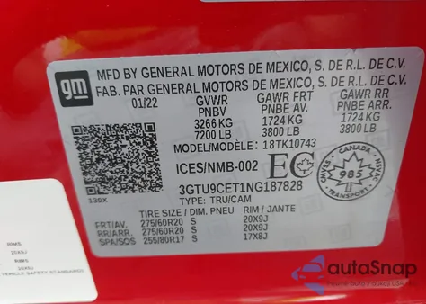 2022 GMC Sierra 1500 Limited 4Wd Short Box Elevation/4Wd Standard Box Elevation from USA, damaged, VIN 3GTU9CET1NG187828